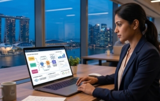 An office HR professional reviewing a digital dashboard showing data flow maps and AI icons on a laptop screen (800x600)