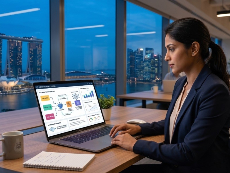 An office HR professional reviewing a digital dashboard showing data flow maps and AI icons on a laptop screen (800x600)