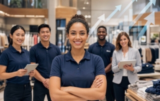 A professional retail store scene showing diverse retail and administrative staff in uniform with a subtle overlay of wa