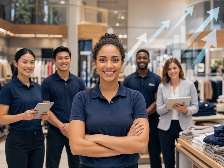 A professional retail store scene showing diverse retail and administrative staff in uniform with a subtle overlay of wa