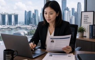 A professional HR manager reviewing CVs and digital documents on a laptop with a Singapore skyline in the background (80