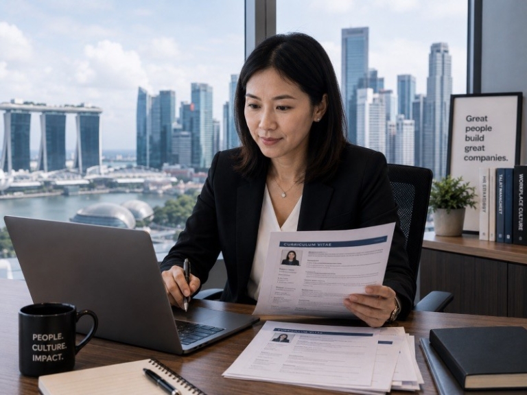 A professional HR manager reviewing CVs and digital documents on a laptop with a Singapore skyline in the background (80