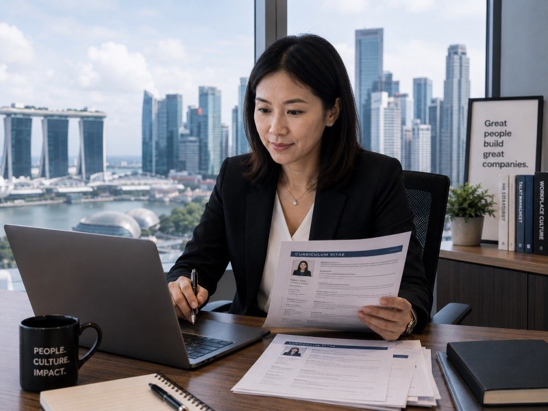 A professional HR manager reviewing CVs and digital documents on a laptop with a Singapore skyline in the background (80