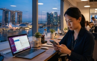 A professional Singapore office scene at dusk with an employee turning off notifications on a smartphone beside a laptop