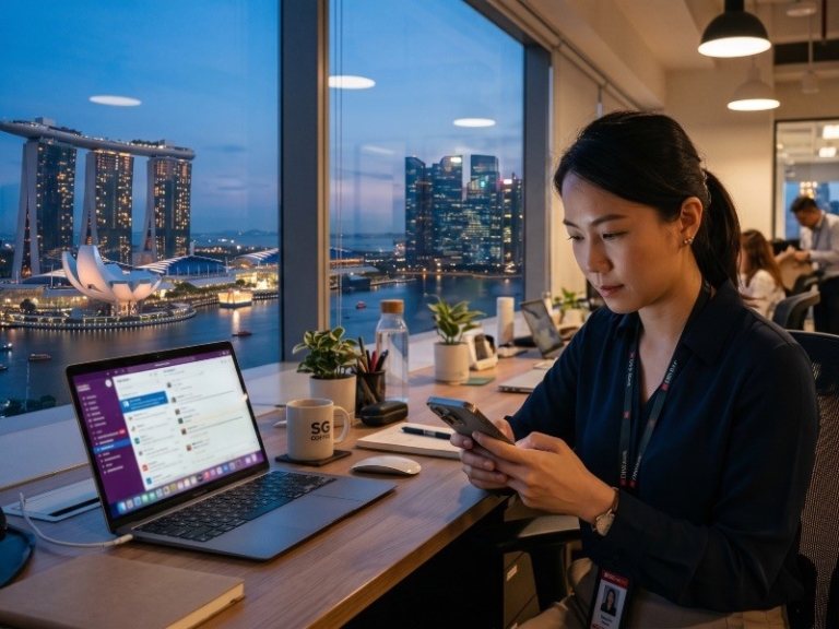 A professional Singapore office scene at dusk with an employee turning off notifications on a smartphone beside a laptop