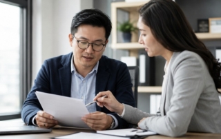 A professional-looking portrait of a mid-career S Pass holder reviewing paperwork with an advisor in an office setting (