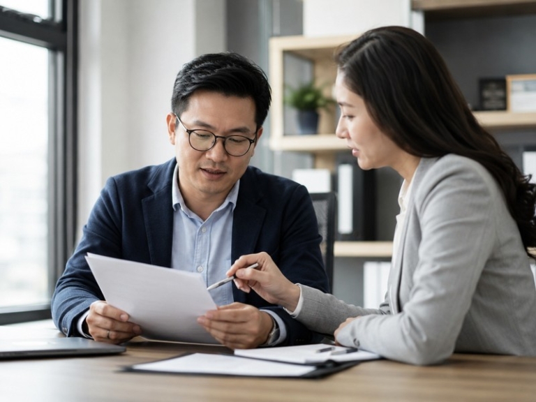 Illustration of an adviser and applicant reviewing documents