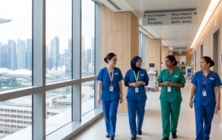 Photo of a diverse team of nurses in a modern Singapore hospital corridor, with city skyline visible through windows (80