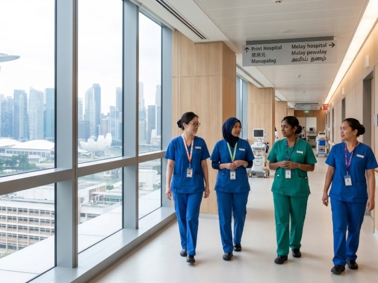 Photo of a diverse team of nurses in a modern Singapore hospital corridor, with city skyline visible through windows (80