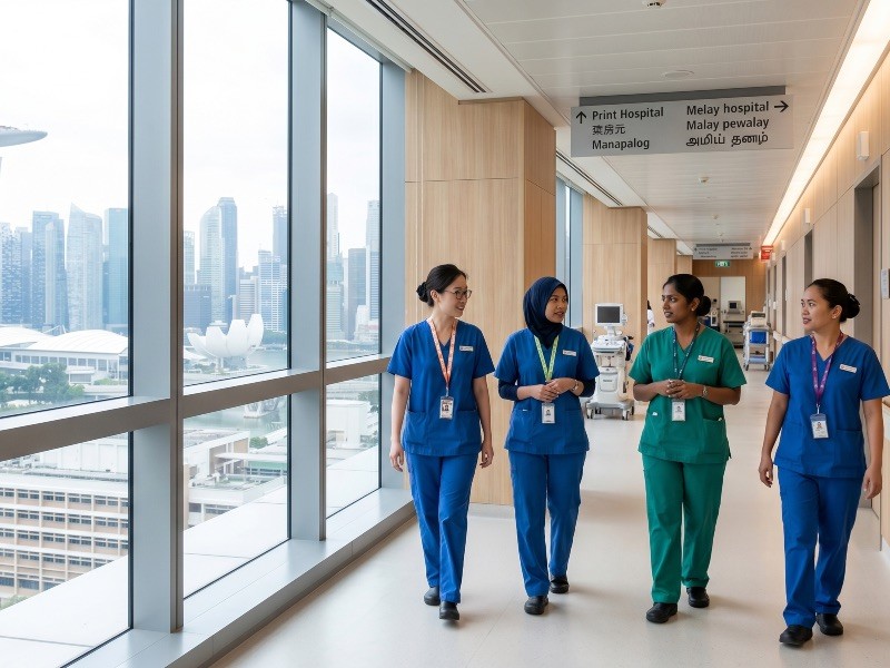 Photo of a diverse team of nurses in a modern Singapore hospital corridor, with city skyline visible through windows (80