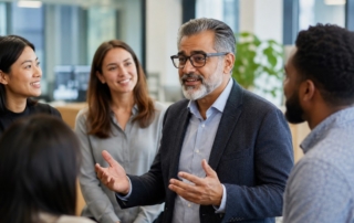 A diverse group of smiling employees in an office setting with a prominent senior employee leading a discussion (800x600