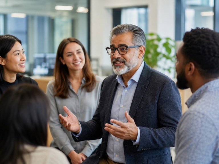 A diverse group of smiling employees in an office setting with a prominent senior employee leading a discussion (800x600