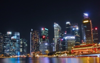 Singapore CBD night skyline with Fullerton Hotel