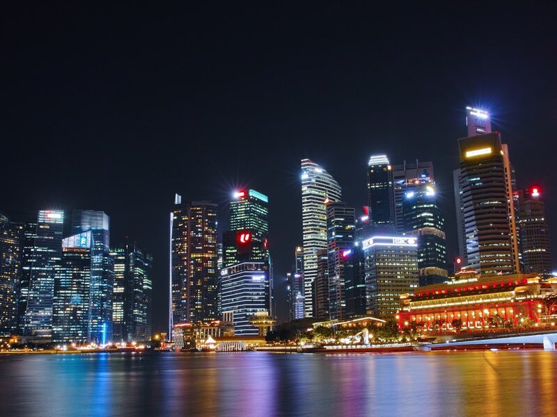 Singapore CBD night skyline with Fullerton Hotel