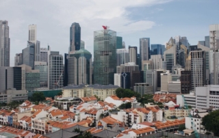 Singapore Chinatown shophouses with CBD skyline