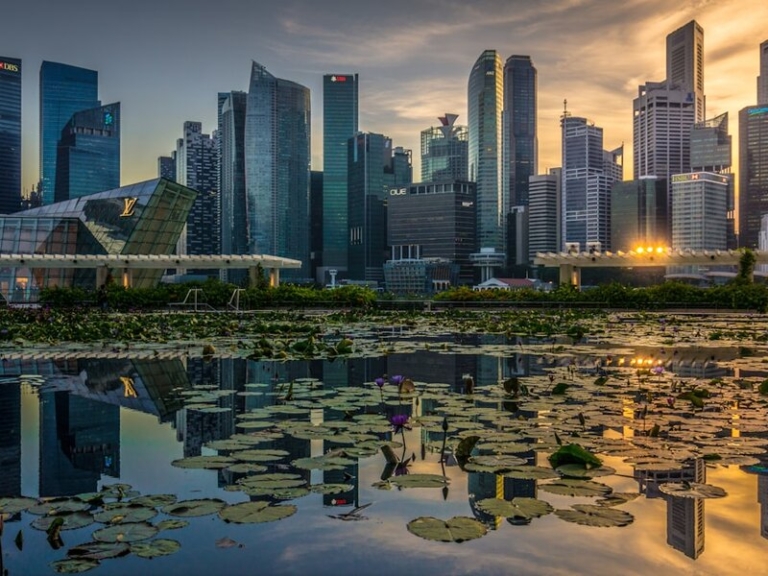 Singapore skyline beyond a waterfront garden