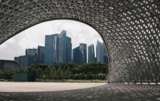 Singapore Gardens by the Bay archway with CBD skyline