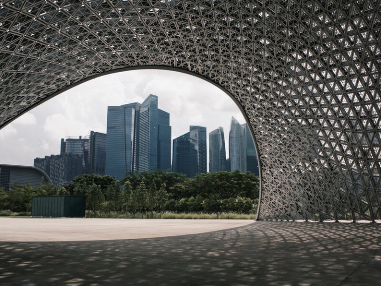 Singapore Gardens by the Bay archway with CBD skyline