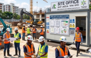 A construction site in Singapore with diverse workers in PPE and a visible 'Site Office' sign showing compliance documen