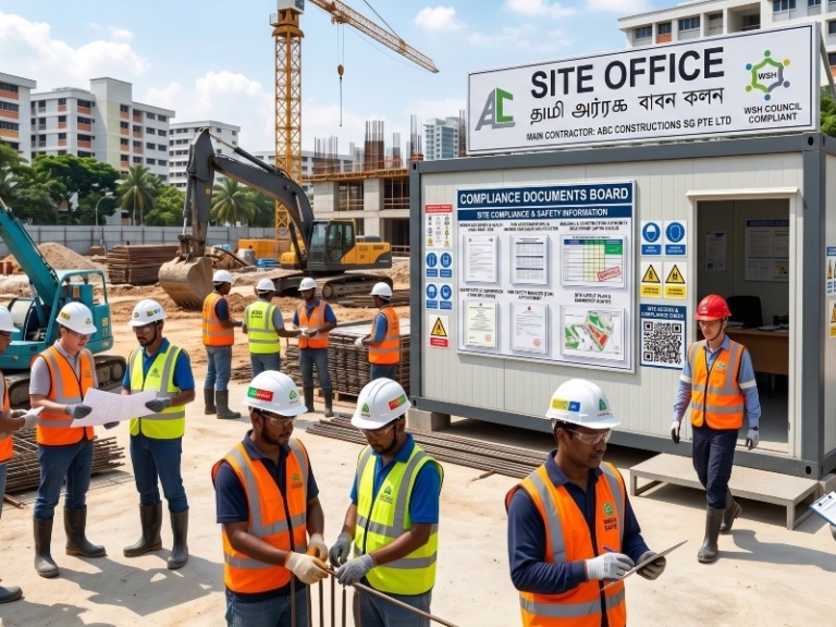 A construction site in Singapore with diverse workers in PPE and a visible 'Site Office' sign showing compliance documen