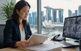 A responsible HR manager in an office reviewing CCTV footage and worker files, with Singapore