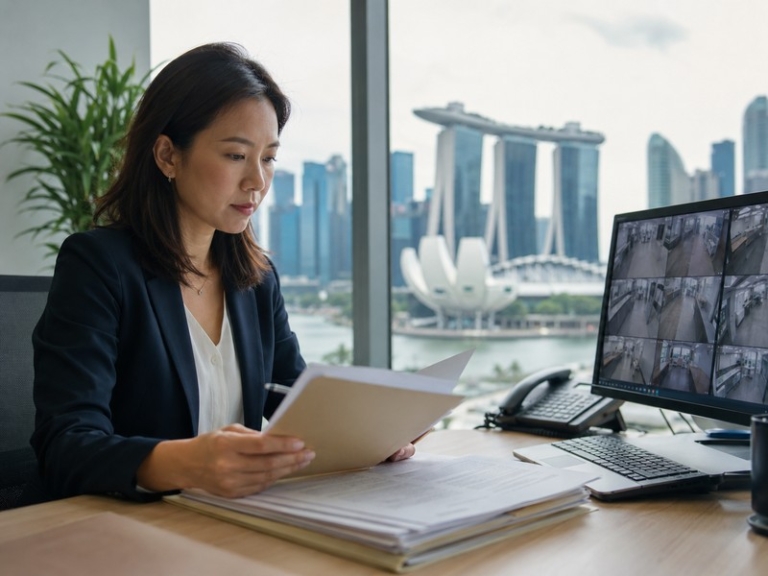 A responsible HR manager in an office reviewing CCTV footage and worker files, with Singapore