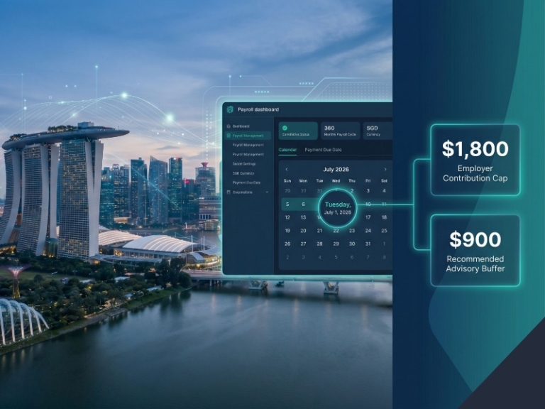 Illustrated employer compliance dashboard overlooking Singapore