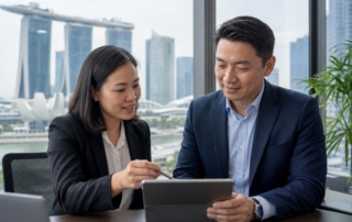 A professional Singapore office scene showing an HR manager and a mid-career employee reviewing a training plan on a tab