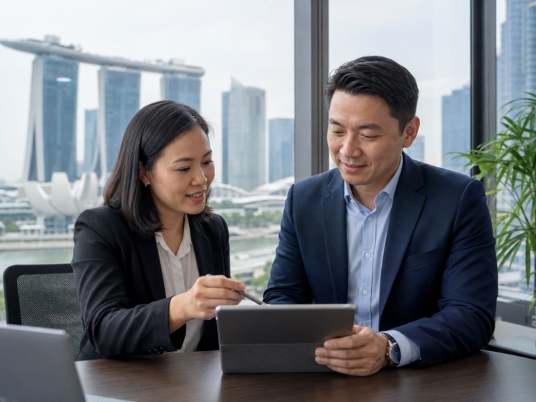 A professional Singapore office scene showing an HR manager and a mid-career employee reviewing a training plan on a tab