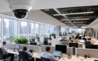 An office security camera overlooking a modern open-plan Singapore office interior, with subtle blur on employee faces (