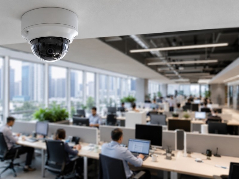 An office security camera overlooking a modern open-plan Singapore office interior, with subtle blur on employee faces (