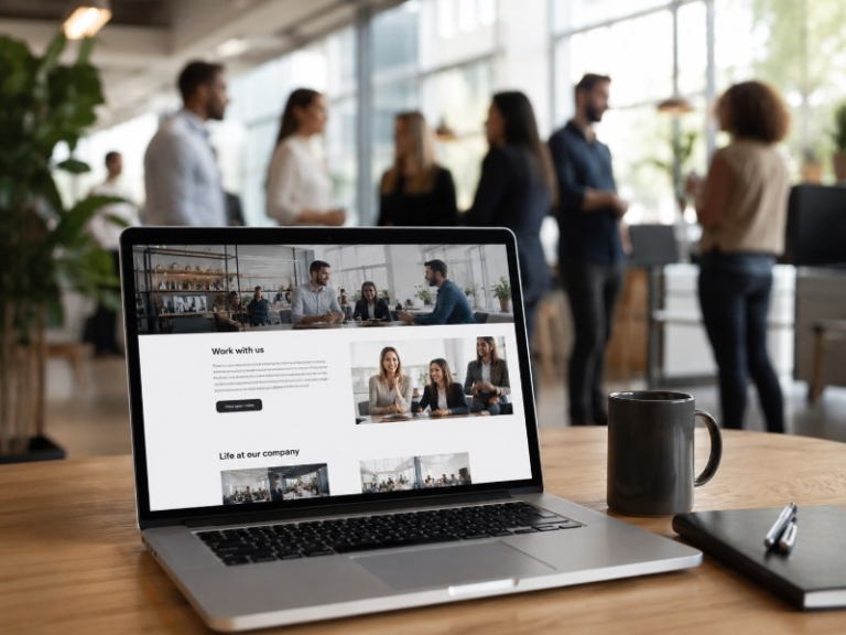 A professional photograph of a modern company careers page shown on a laptop screen with diverse
