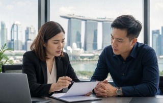 An HR manager and employer discussing a tribunal letter at a desk with Singapore skyline in the background, 800x600.