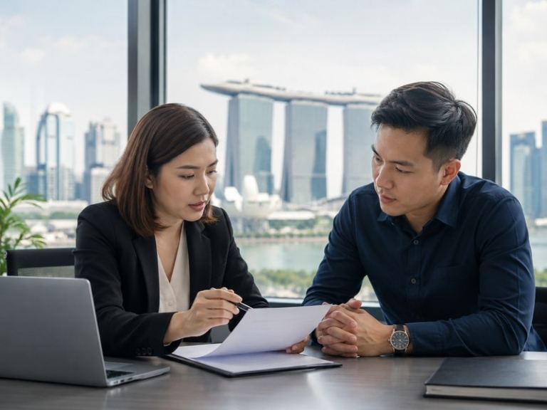 An HR manager and employer discussing a tribunal letter at a desk with Singapore skyline in the background, 800x600.