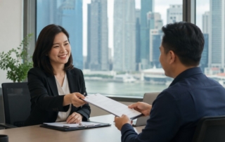 An HR manager and employee in a modern Singapore office exchanging a signed contract, with the downtown Singapore skylin