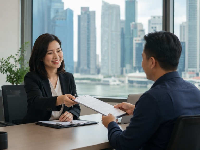 An HR manager and employee in a modern Singapore office exchanging a signed contract, with the downtown Singapore skylin