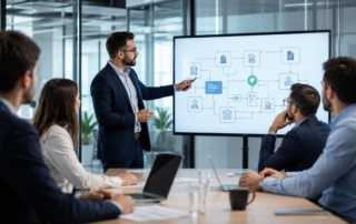 Modern office scene showing a FinTech team with a compliance officer presenting regulatory flowcharts on a screen