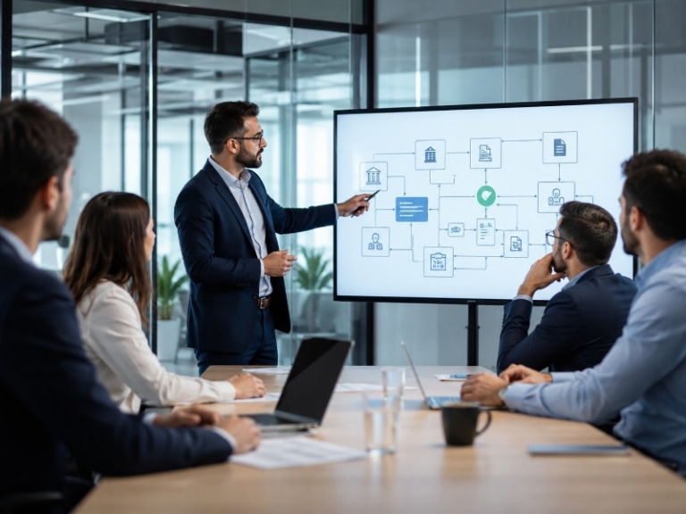 Modern office scene showing a FinTech team with a compliance officer presenting regulatory flowcharts on a screen