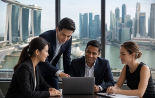 A Singapore skyline with a multinational team meeting superimposed, symbolising global expansion from Singapore (800x600