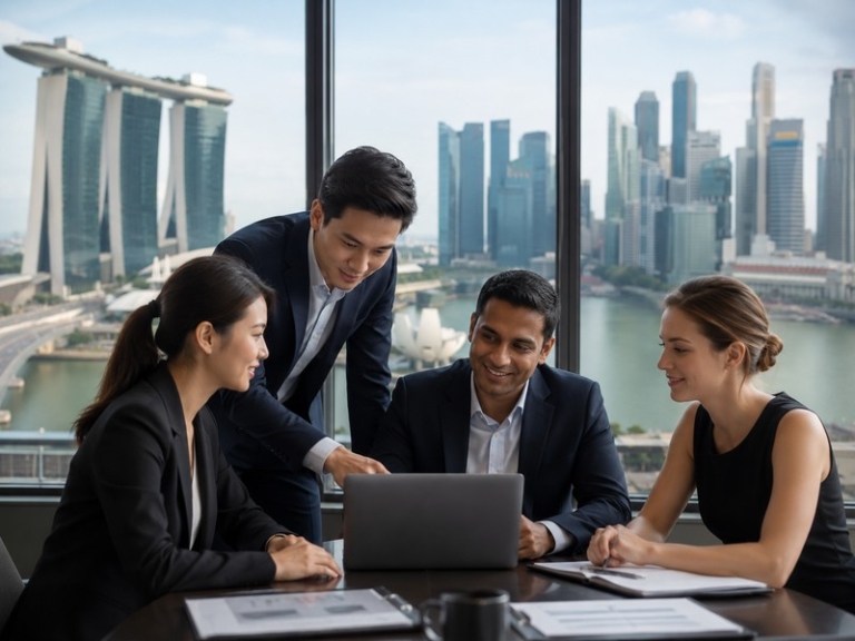 A Singapore skyline with a multinational team meeting superimposed, symbolising global expansion from Singapore (800x600