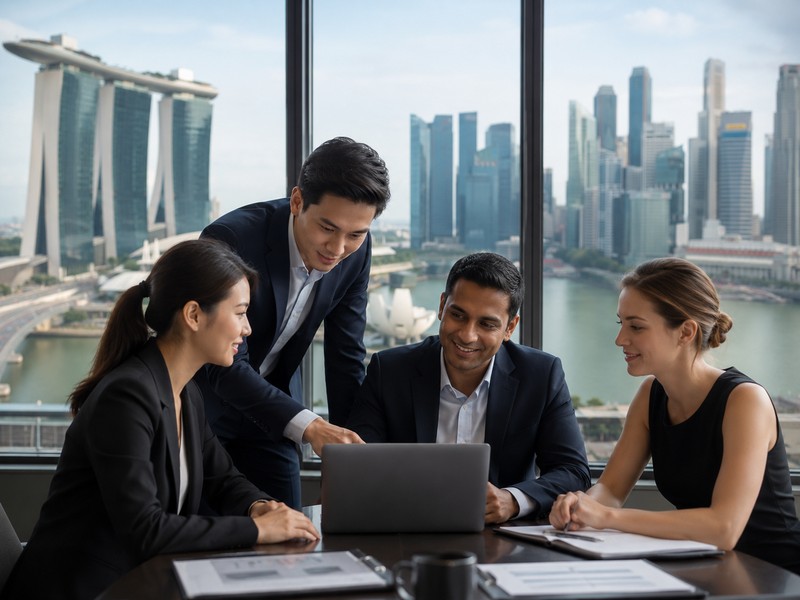 A Singapore skyline with a multinational team meeting superimposed, symbolising global expansion from Singapore (800x600