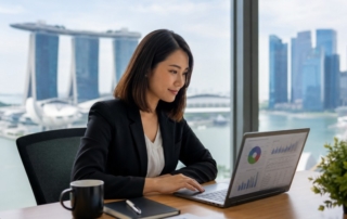 A professional Singapore office scene showing an HR manager reviewing analytics on a laptop with a skyline of Marina Bay