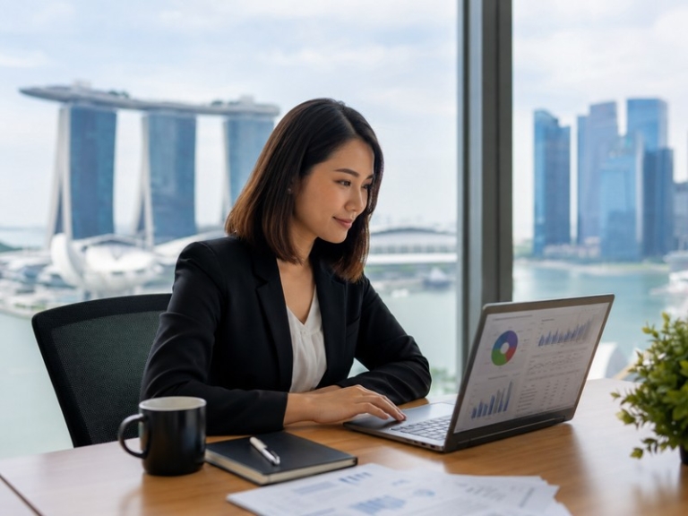 A professional Singapore office scene showing an HR manager reviewing analytics on a laptop with a skyline of Marina Bay