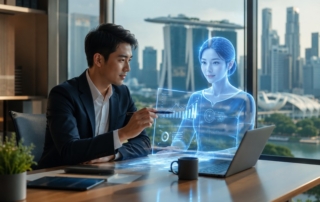 Stylised office scene showing a human worker and an AI assistant (holographic interface) collaborating at