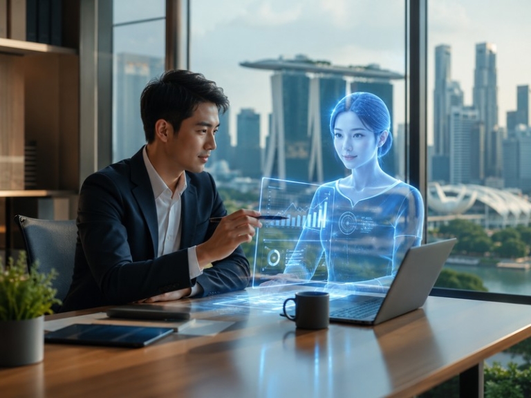 Stylised office scene showing a human worker and an AI assistant (holographic interface) collaborating at
