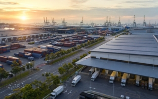 Aerial shot of Tuas logistics hub at dawn showing container yards, delivery vans and warehouse buildings