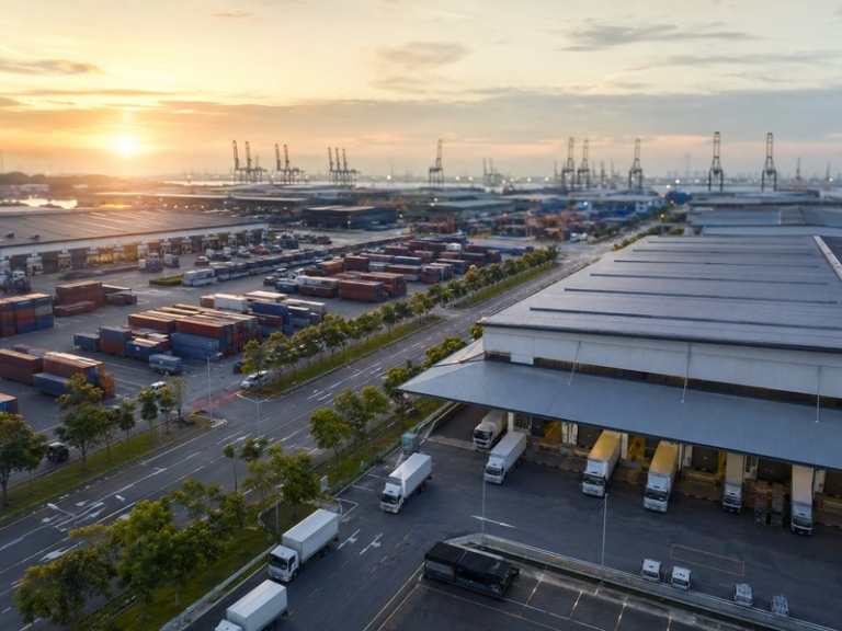 Aerial shot of Tuas logistics hub at dawn showing container yards, delivery vans and warehouse buildings