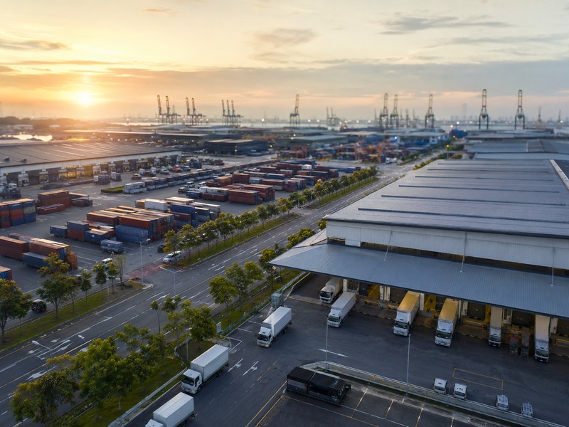 Aerial shot of Tuas logistics hub at dawn showing container yards, delivery vans and warehouse buildings