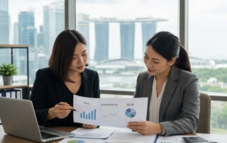 A professional image of a Singapore office with HR and an immigration consultant reviewing documents, showing charts lab
