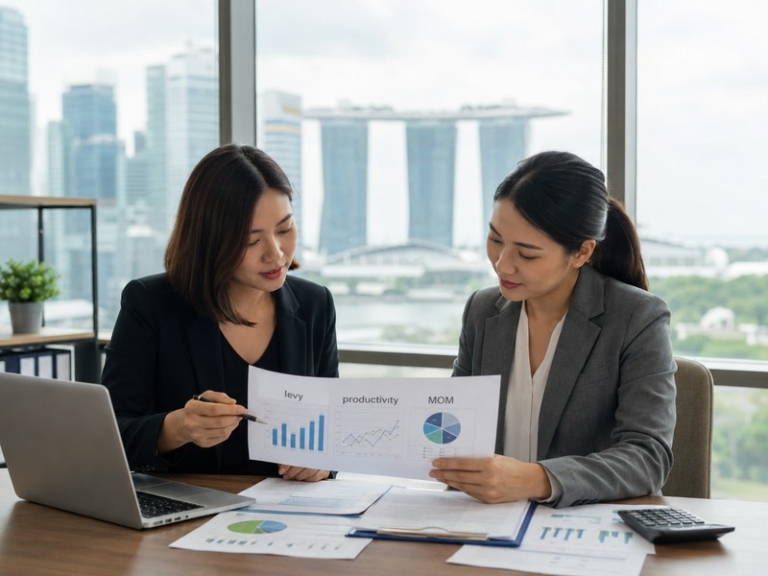 A professional image of a Singapore office with HR and an immigration consultant reviewing documents, showing charts lab